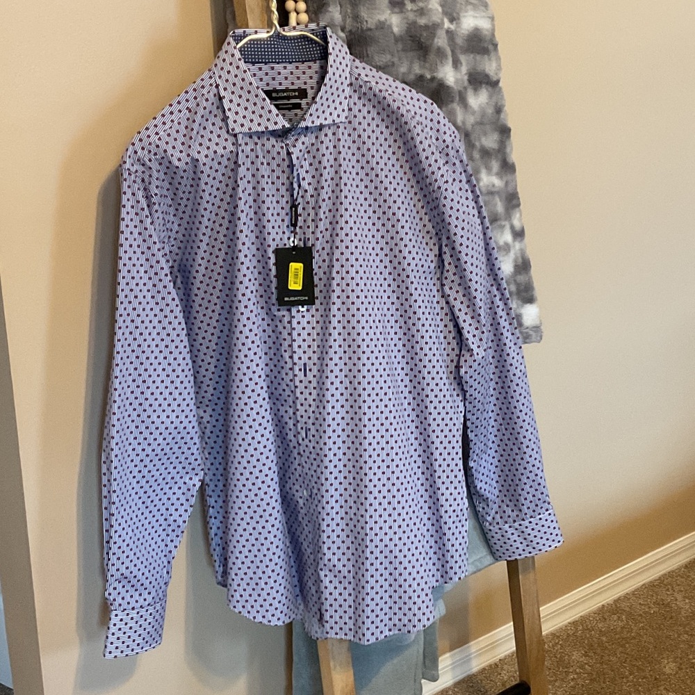 Bugatchi Men's Light Blue and Black Dot Dress Shirt XL